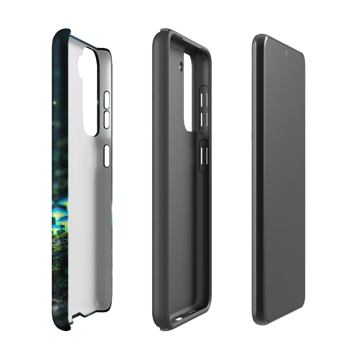 Phone Case for Samsung Galaxy with glowing forest mushroom design, showcasing bioluminescent blue-green mushrooms in a misty woodland.