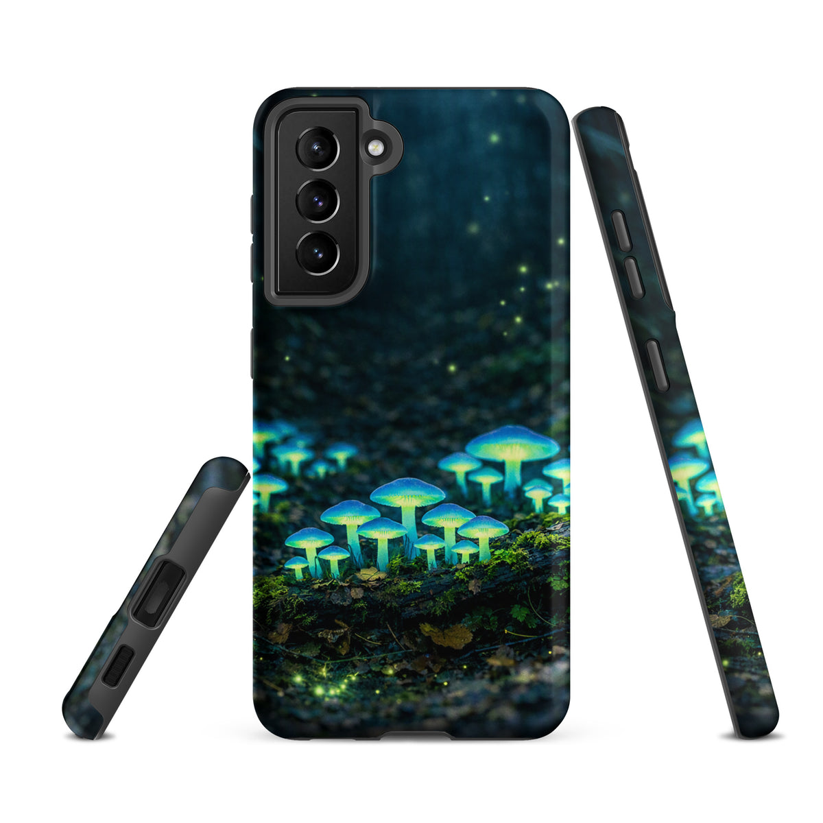 Phone Case for Samsung Galaxy featuring glowing forest mushrooms with ethereal blue-green bioluminescent glow in a misty woodland scene.
