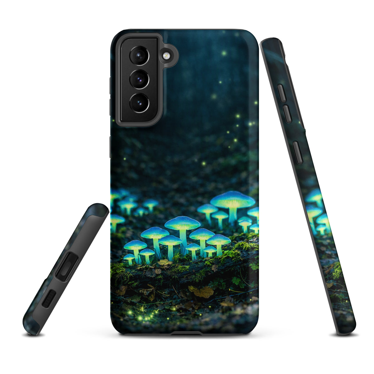 Phone Case for Samsung Galaxy with glowing forest mushrooms in blue-green light, magical bioluminescent design.