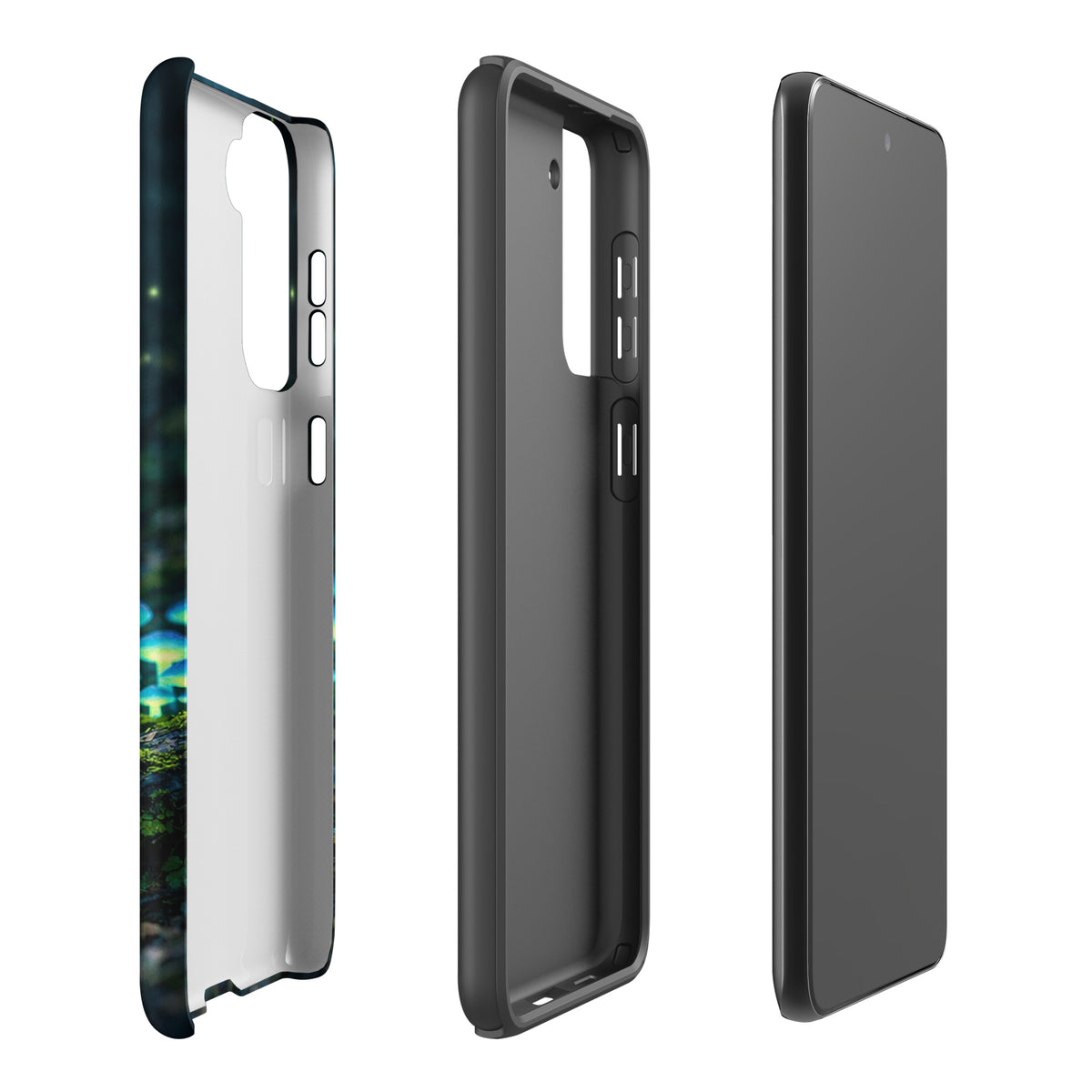 Side and back views of Phone Case for Samsung Galaxy with glowing forest mushrooms design