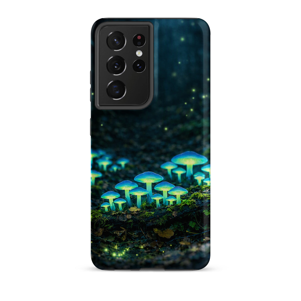 Phone Case for Samsung Galaxy with glowing forest mushrooms on a misty woodland background, featuring bioluminescent blue-green hues.