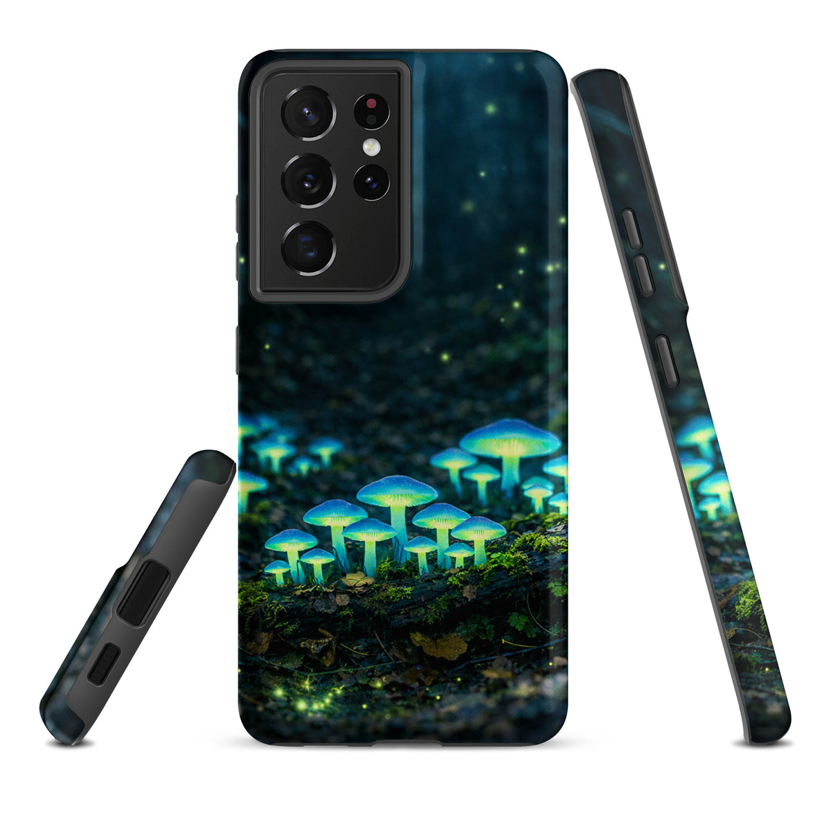 Phone Case for Samsung Galaxy featuring glowing forest mushrooms with ethereal blue-green bioluminescence in a misty woodland scene.
