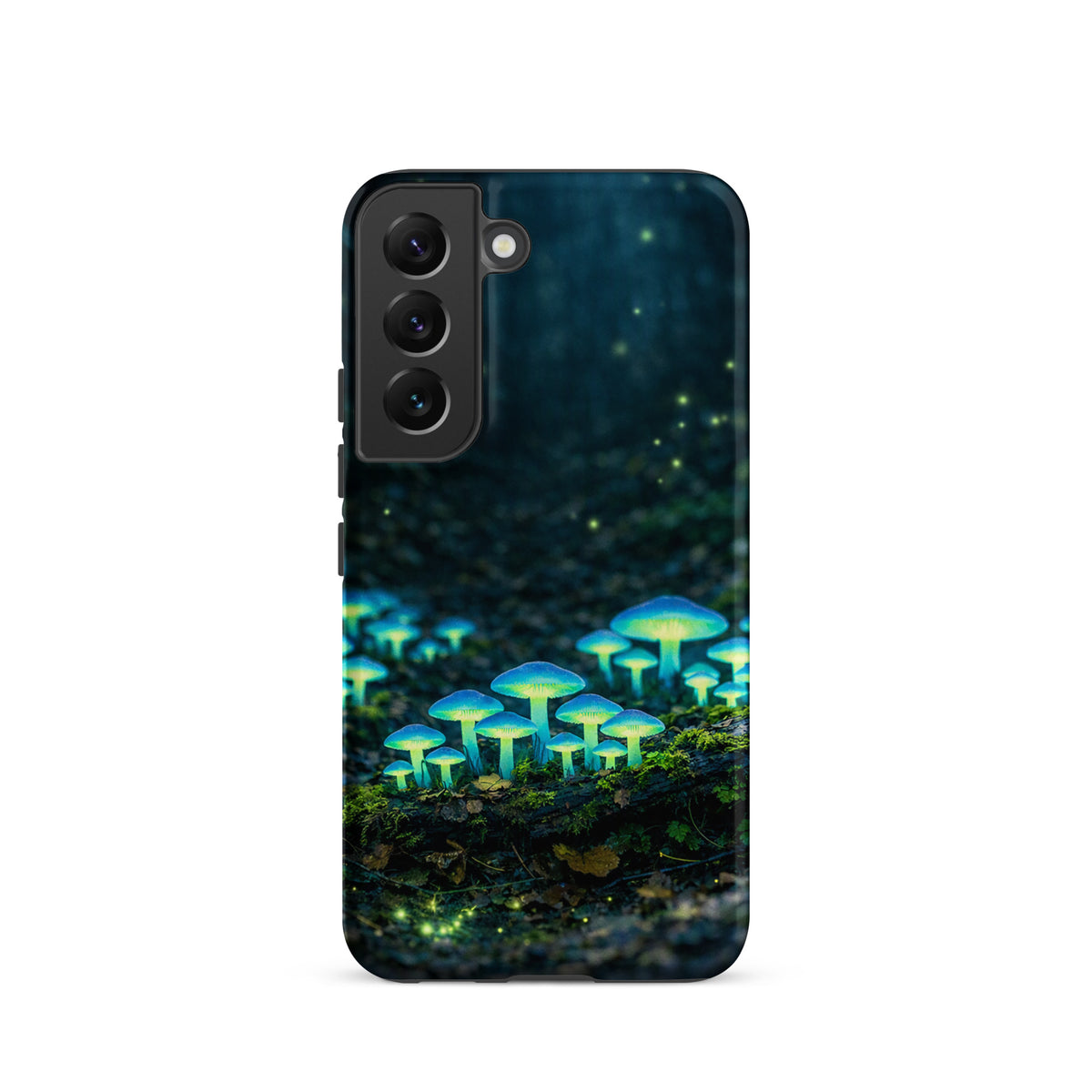 Phone Case for Samsung Galaxy featuring glowing mushrooms in a mystical forest setting with ethereal blue-green bioluminescence.