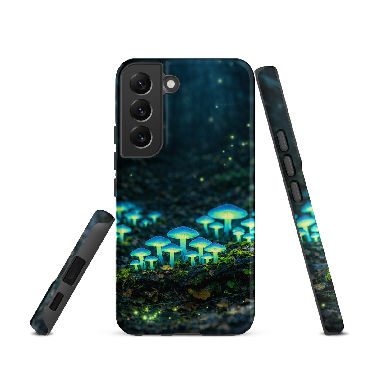 Phone Case for Samsung Galaxy with glowing bioluminescent forest mushrooms design, featuring a mystical blue-green woodland scene.