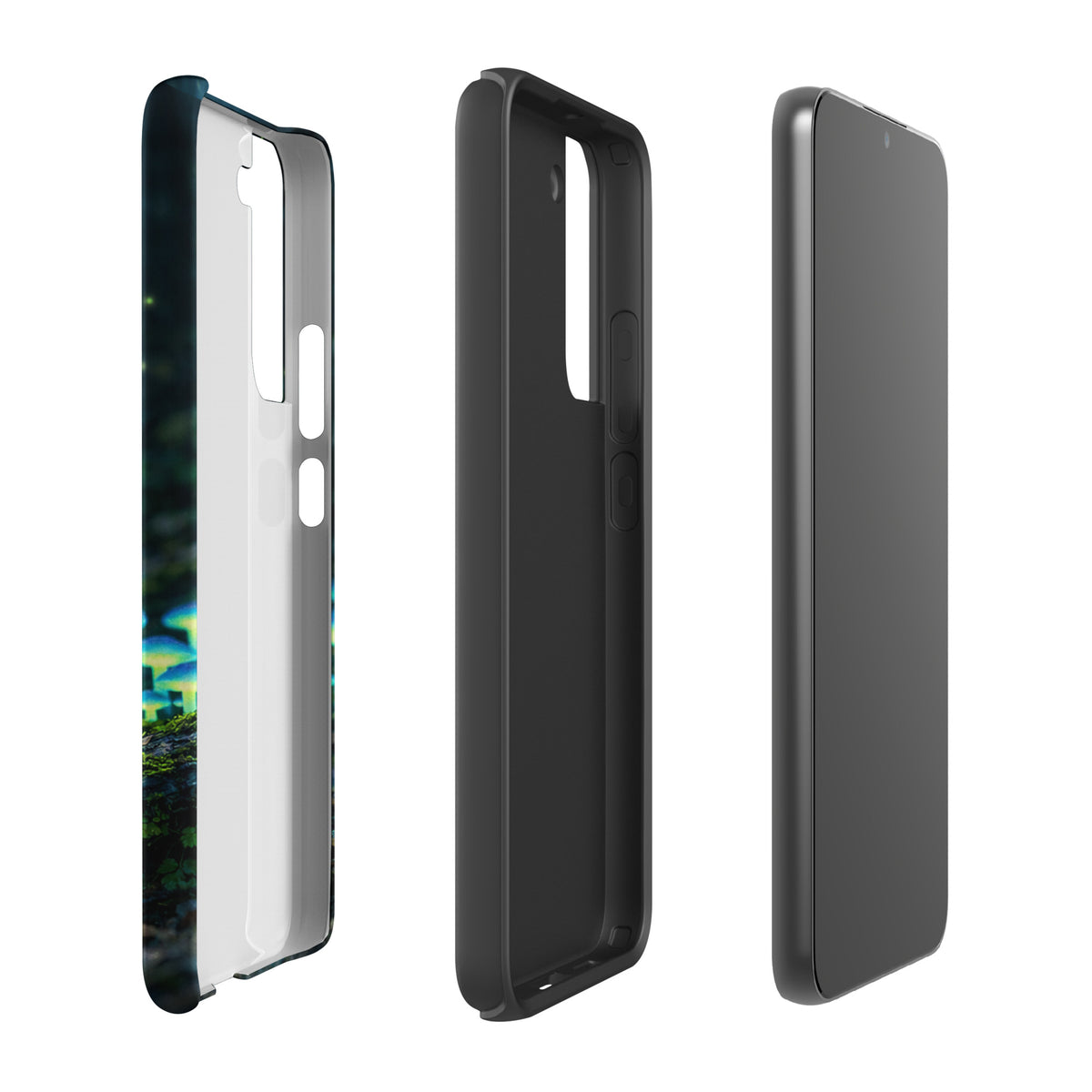 Phone Case for Samsung Galaxy with glowing forest mushrooms, side view.
