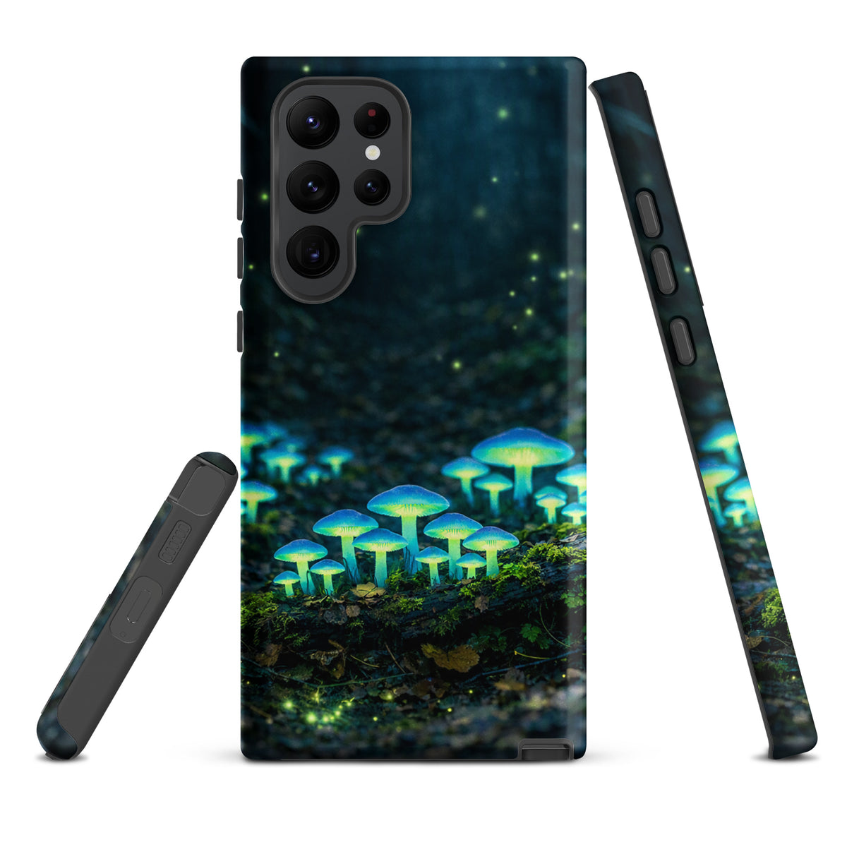 Phone Case with glowing forest mushrooms design for Samsung Galaxy, featuring bioluminescent blue-green mushrooms in a mystical woodland scene.