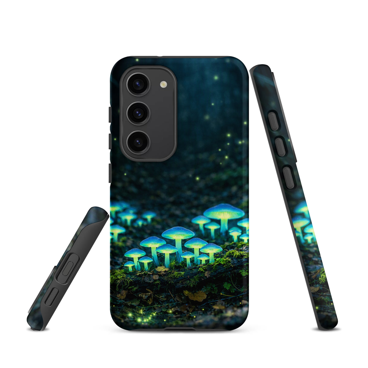 Phone Case for Samsung Galaxy featuring glowing forest mushrooms with ethereal blue-green bioluminescence.