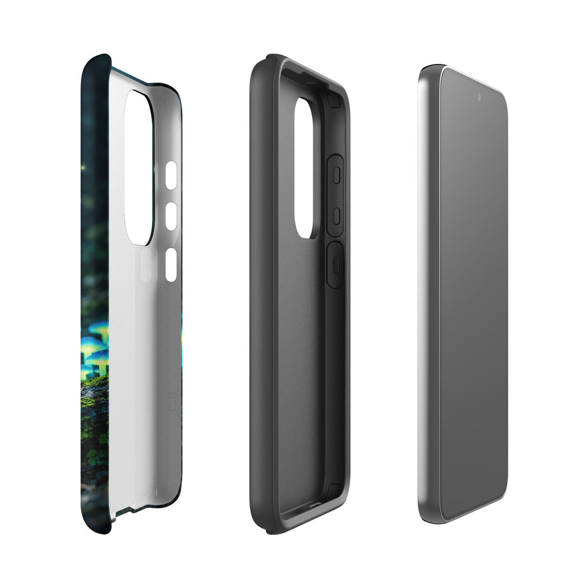 Phone Case for Samsung Galaxy with glowing forest mushrooms, showing ethereal blue-green bioluminescent design.