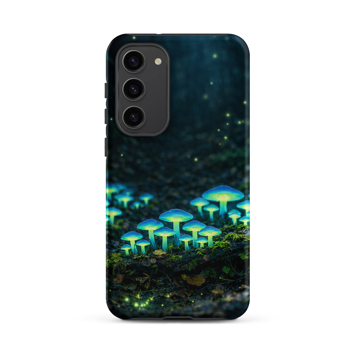 Phone Case for Samsung Galaxy with glowing forest mushrooms, featuring ethereal blue-green bioluminescent fungi in a misty woodland scene.