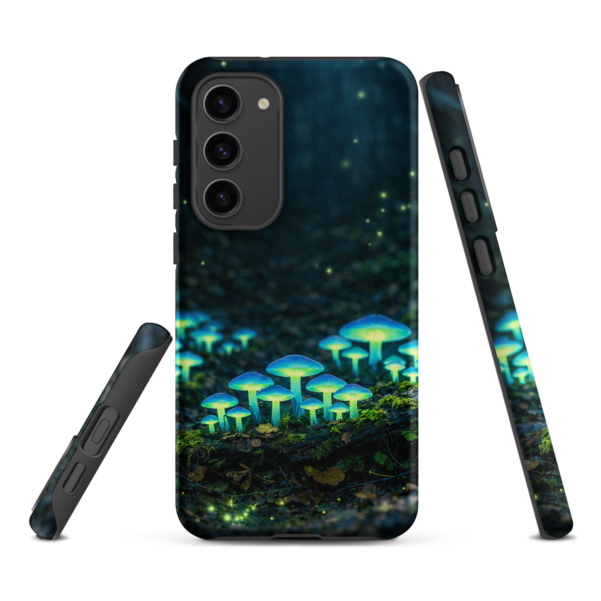 Phone Case for Samsung Galaxy featuring glowing forest mushrooms in a mystical woodland scene with bioluminescent blue-green glow.