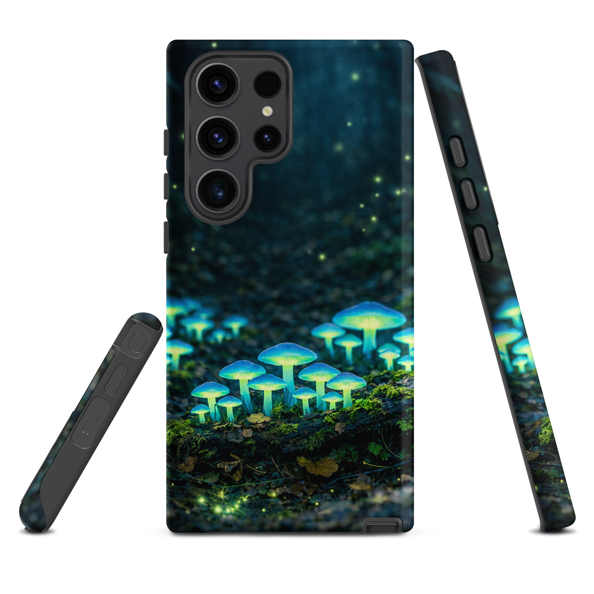 Phone Case for Samsung Galaxy with glowing forest mushrooms design, featuring bioluminescent blue-green mushrooms on a dark background.