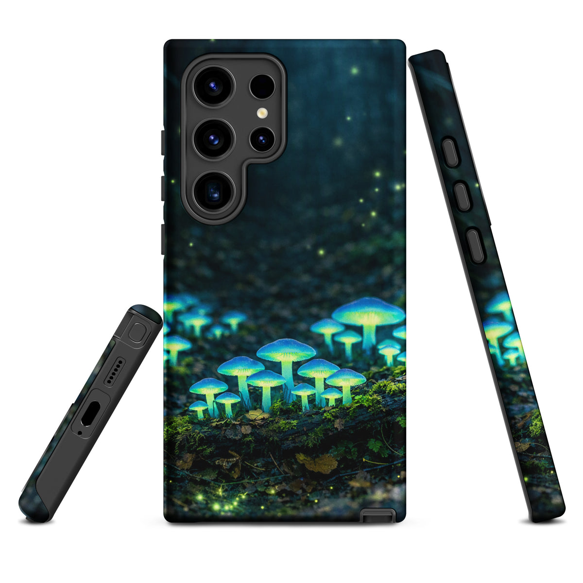 Phone Case with glowing forest mushrooms for Samsung Galaxy, featuring bioluminescent blue-green fungi in a mystical woodland scene.