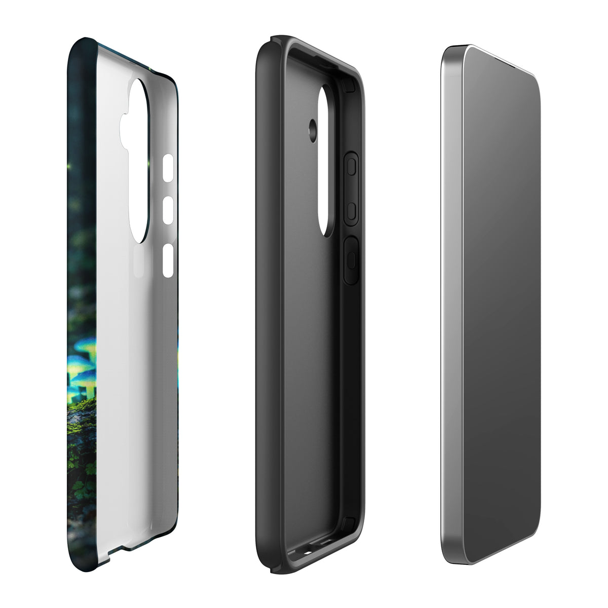 Phone Case for Samsung Galaxy with glowing forest mushrooms design showcasing bioluminescent mushroom cluster in misty woodland setting.
