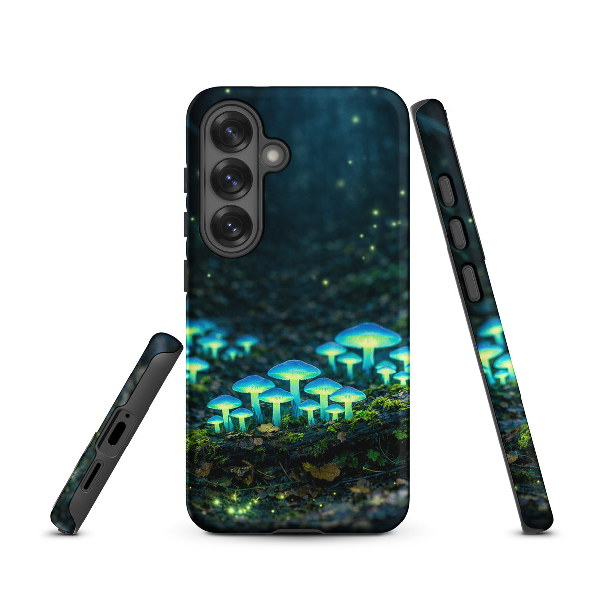 Phone Case for Samsung Galaxy featuring glowing forest mushrooms with ethereal blue-green glow against a misty woodland background.