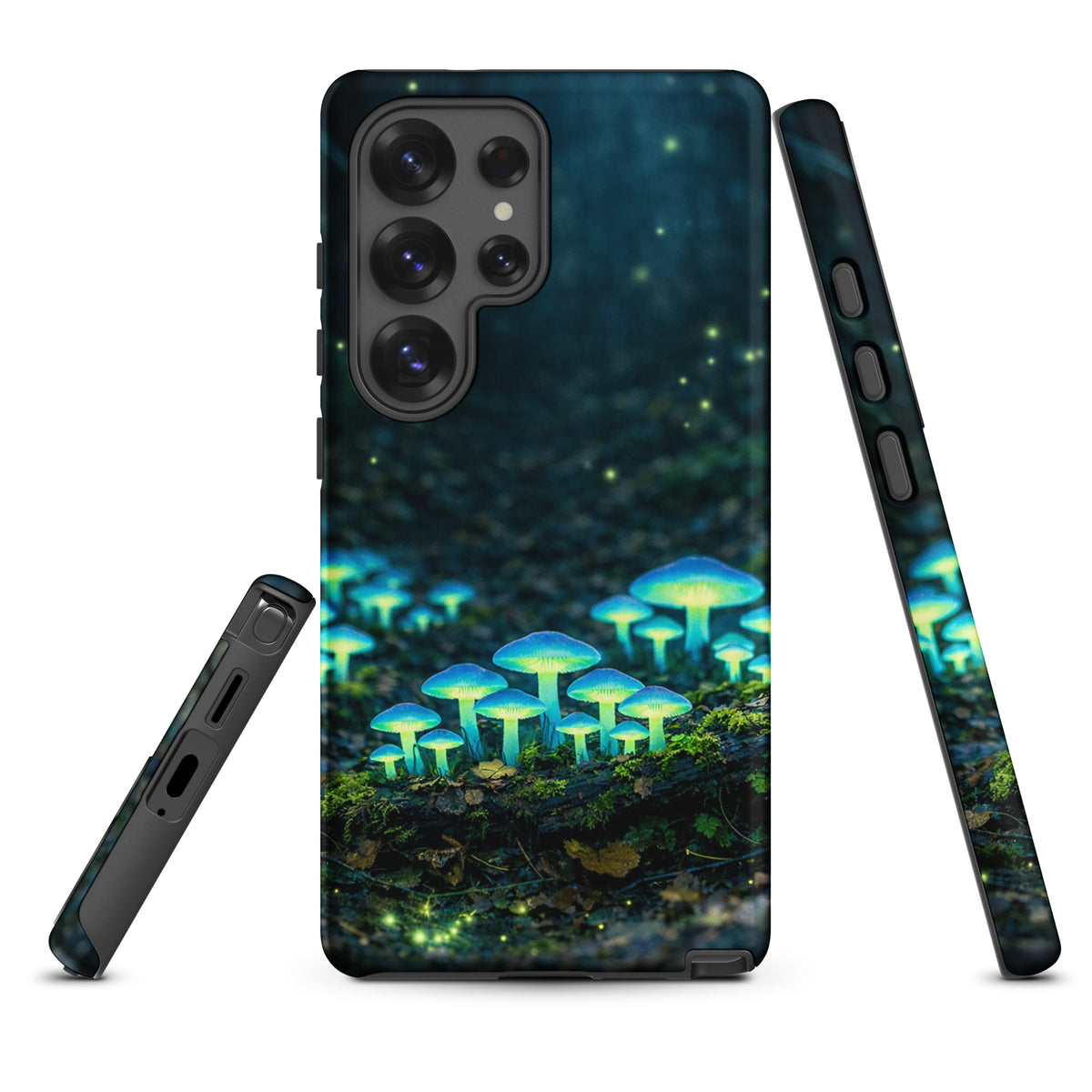 Phone Case for Samsung Galaxy with glowing forest mushrooms in ethereal blue-green light, magical woodland design with bioluminescent effect.
