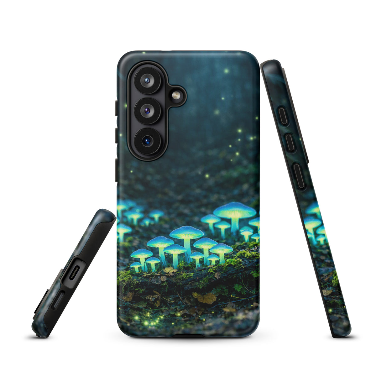 Phone Case for Samsung Galaxy with glowing forest mushrooms design, bioluminescent blue-green mushrooms on a misty woodland background.