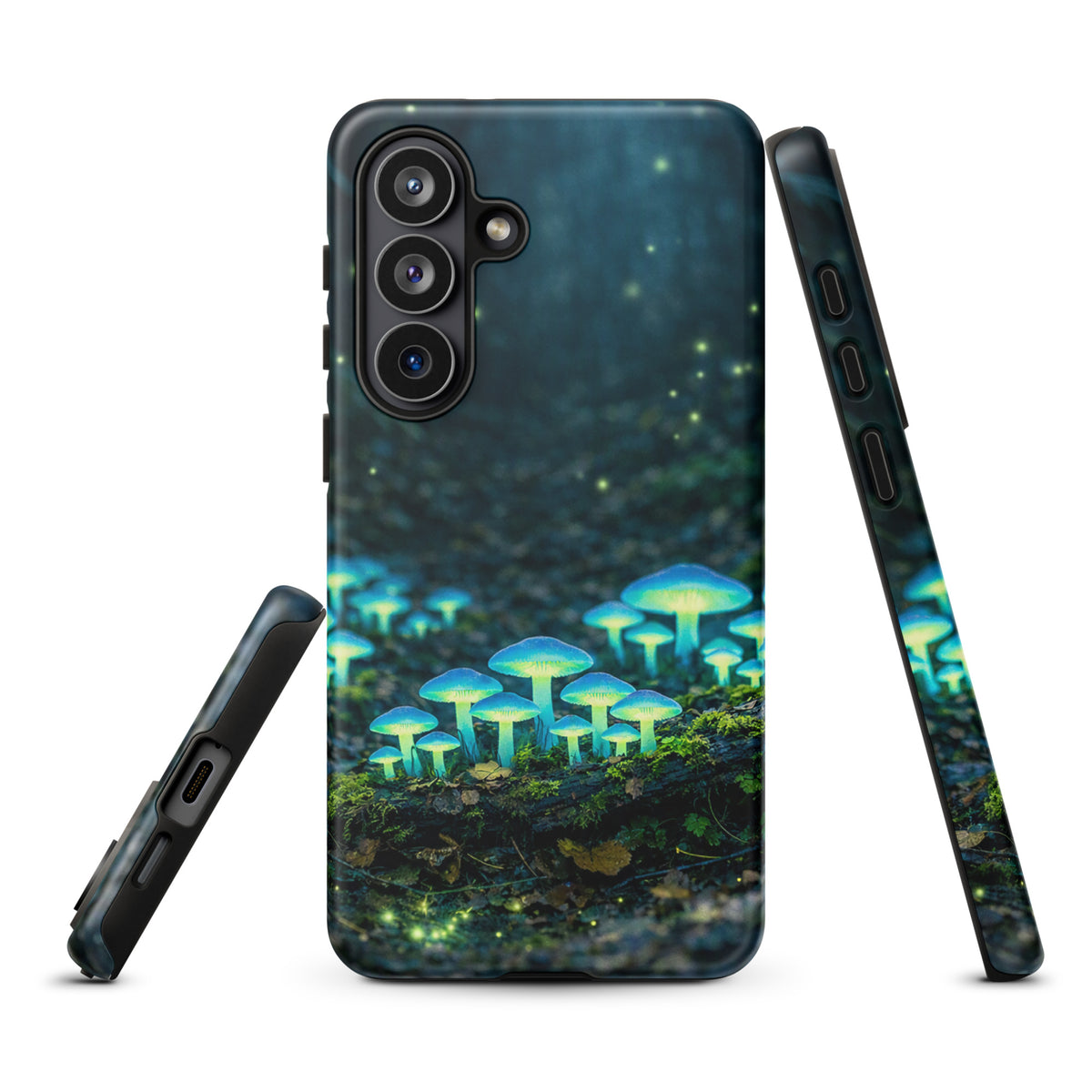 Phone Case for Samsung Galaxy with glowing forest mushrooms and ethereal blue-green bioluminescence on the forest floor.