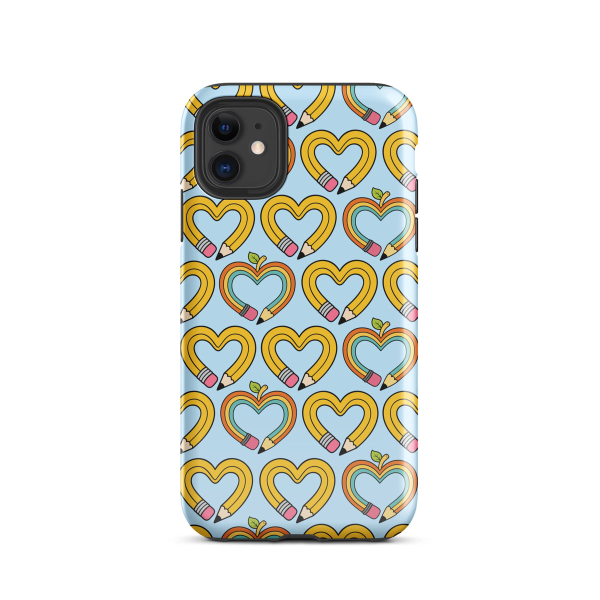 Phone Case with playful pencil-heart pattern and green leaf accents, celebrating creativity and learning.