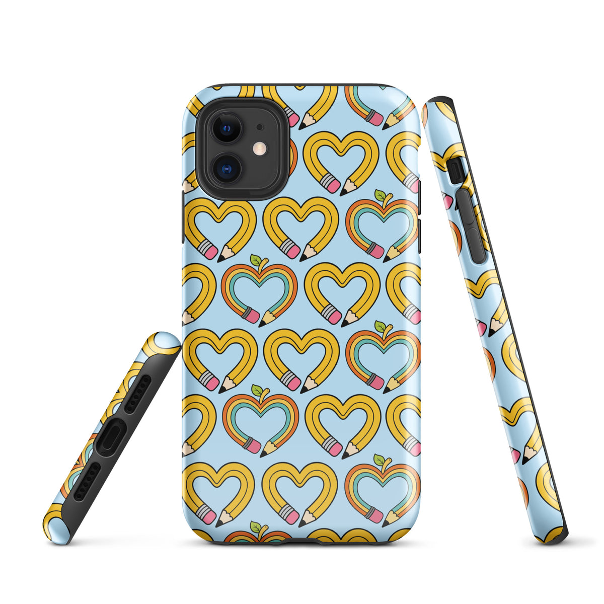 Phone Case with playful pencil-heart pattern featuring green leaves, symbolizing creativity and growth for iPhone.