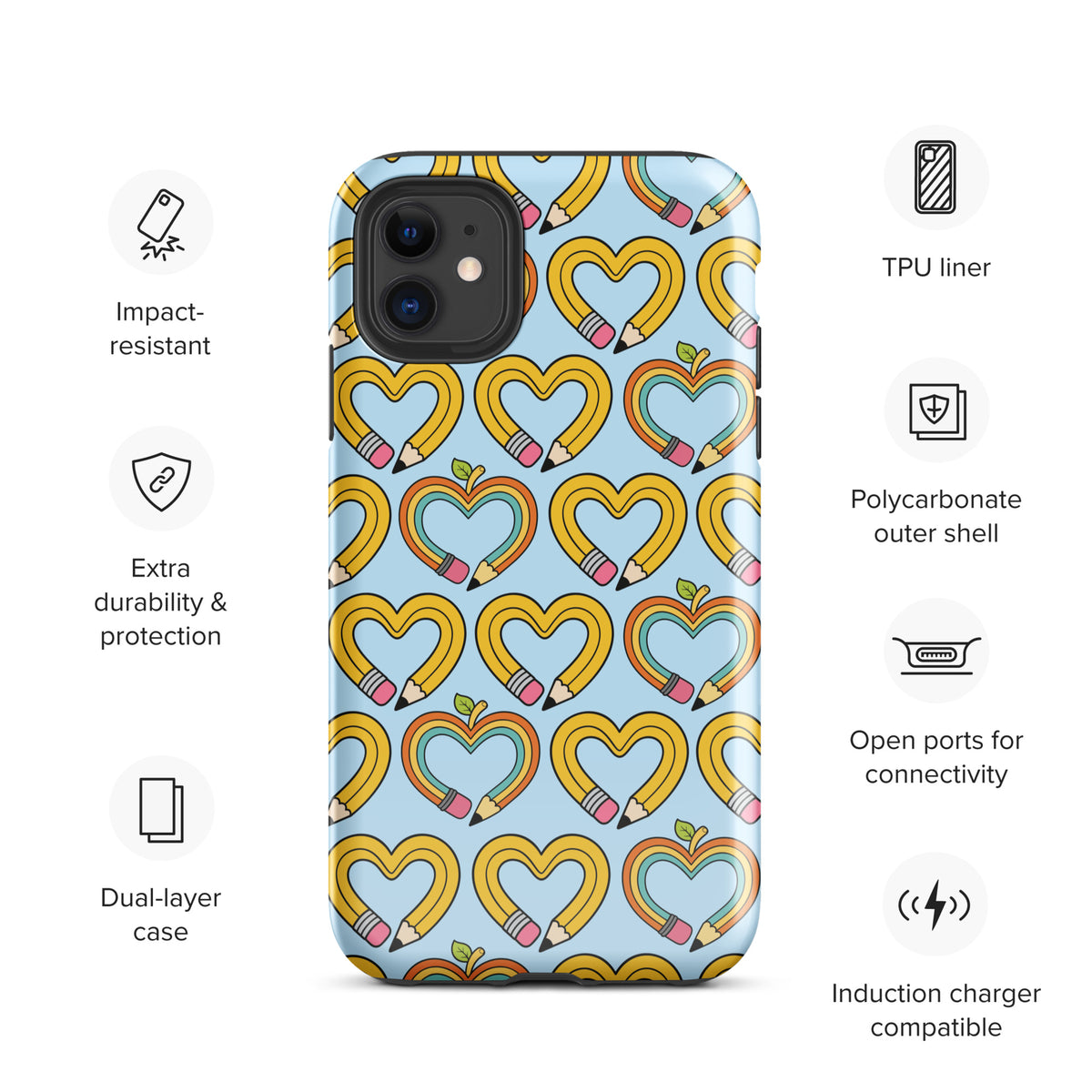 Phone Case for iPhone with playful pencil-heart pattern, featuring durable dual-layer protection and induction charger compatibility.