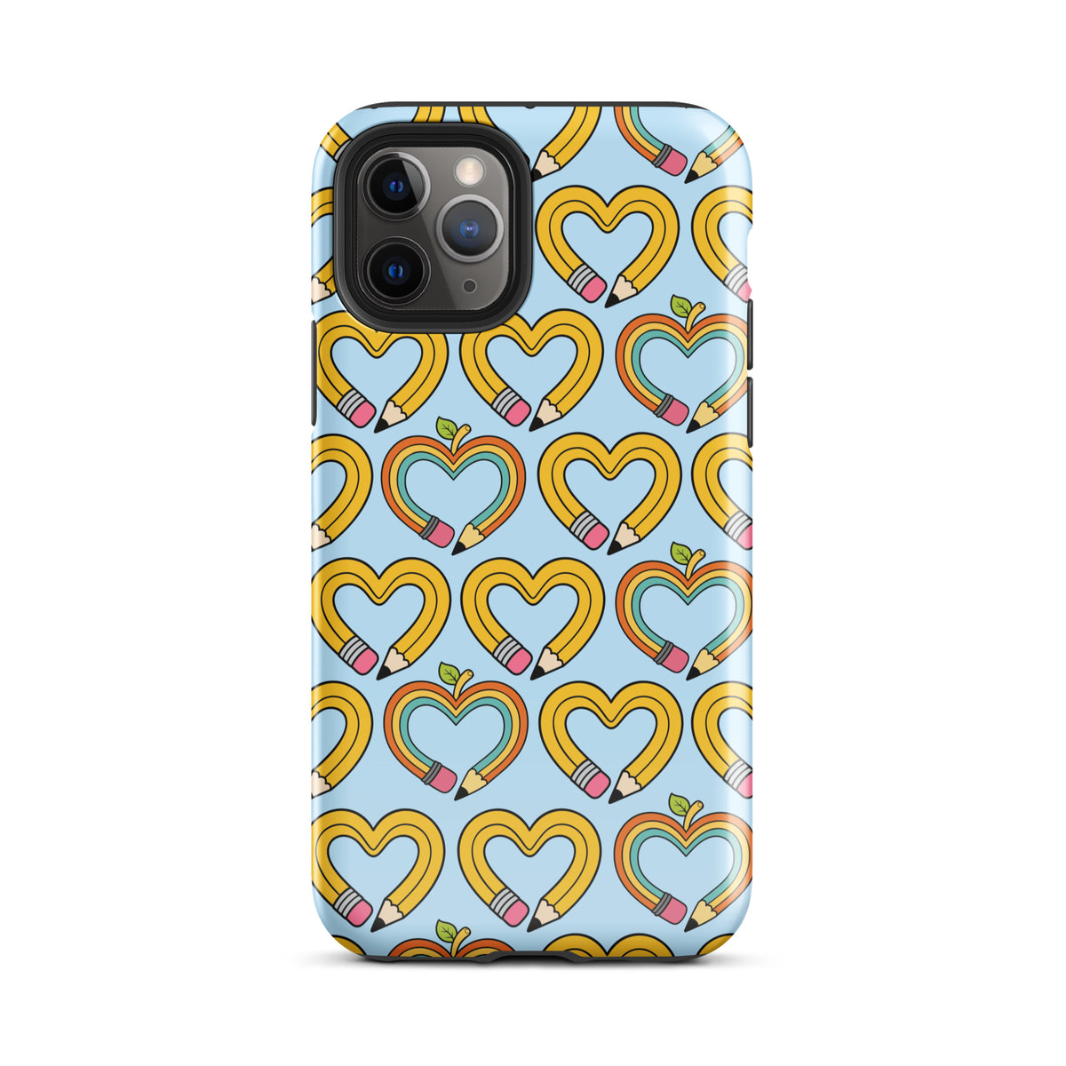 Phone Case with pencil-heart pattern, playful design with green leaves, for iPhone, symbolizing creativity and fresh beginnings.