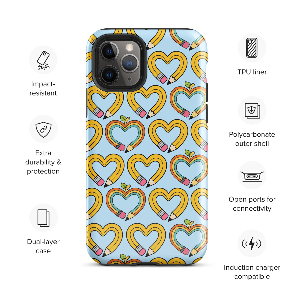 Phone Case with playful pencil-heart pattern, featuring pencil-shaped hearts with tiny green leaves on a polycarbonate outer shell.