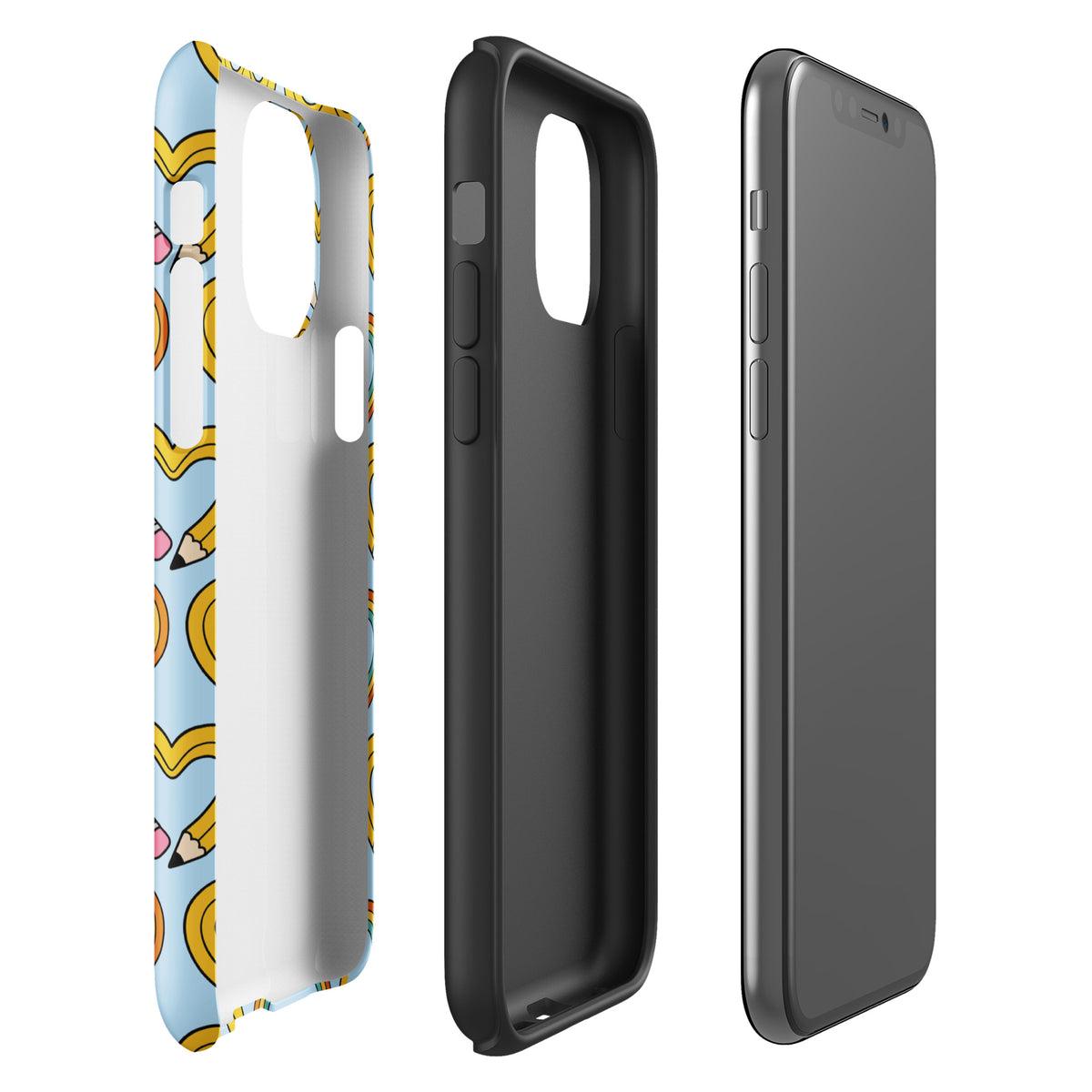 Phone Case for iPhone with playful pencil-heart pattern, featuring pencil-shaped hearts and green leaves, symbolizing creativity.