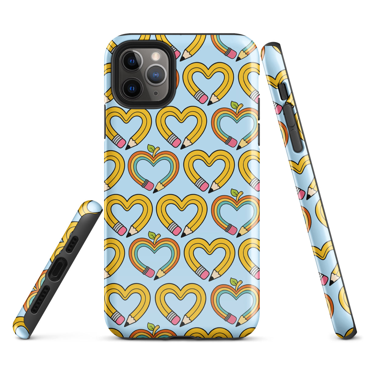 Phone Case with pencil-heart pattern for iPhone, featuring playful and creative design with tiny green leaves, ideal for back-to-school charm.