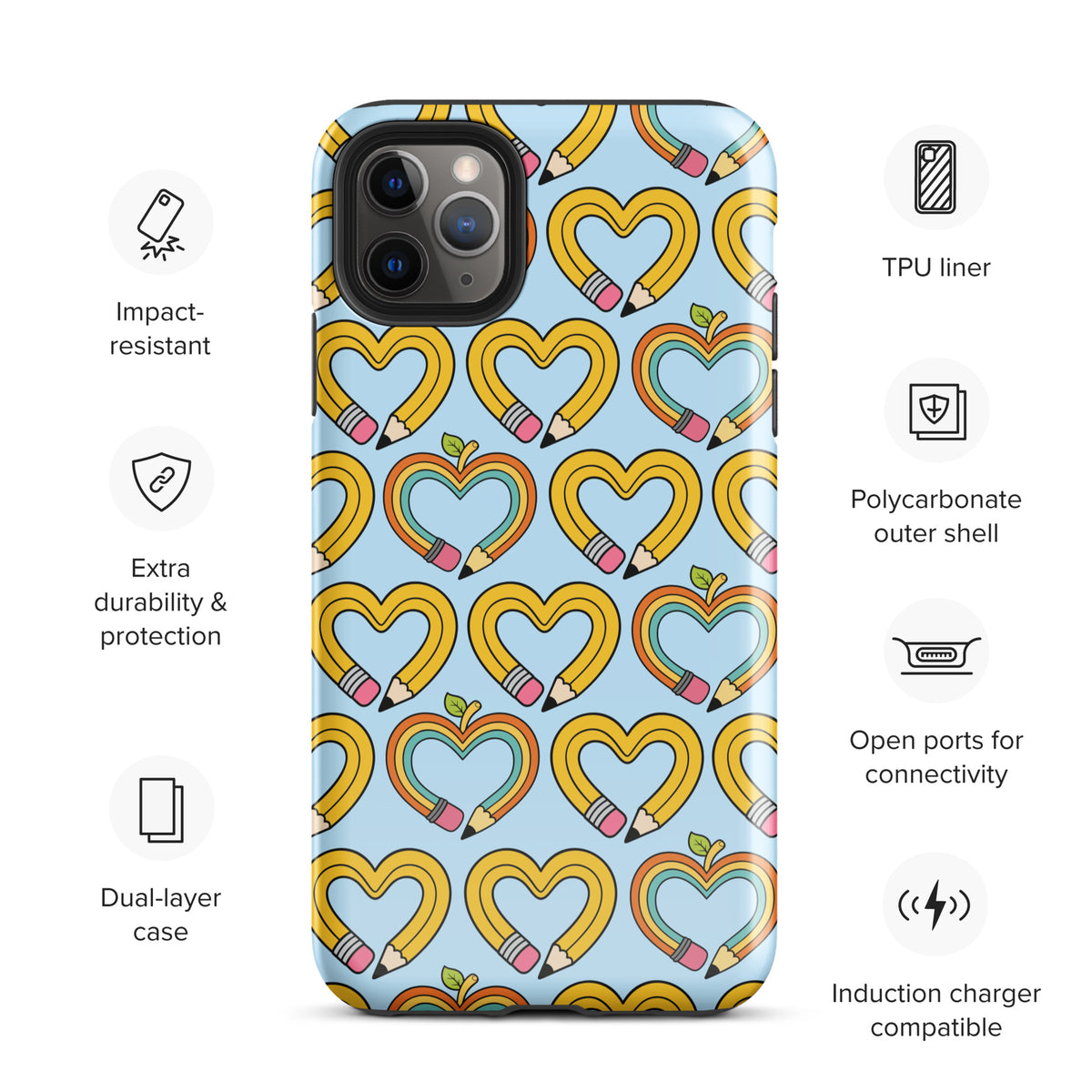 iPhone Phone Case with playful pencil-heart pattern, symbolizing creativity and growth, featuring durable protection and charger compatibility.