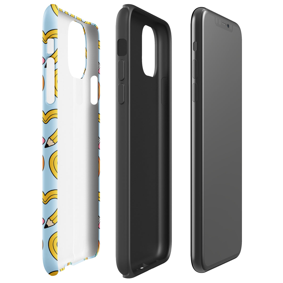 Phone Case with playful pencil-heart pattern in blue for iPhone, showcasing creativity and back-to-school charm, whimsical design.