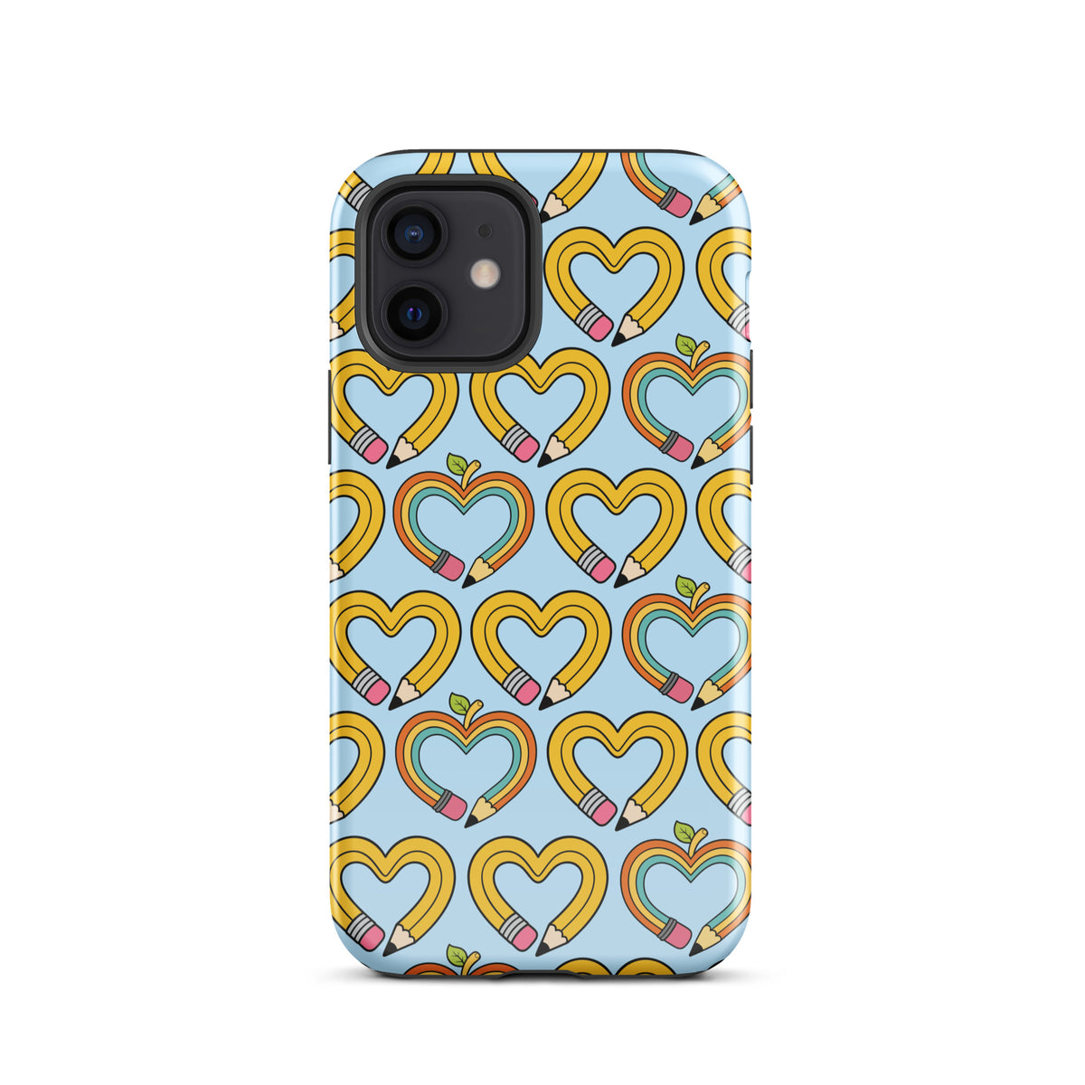Phone Case with playful pencil-heart pattern and green leaves, perfect for back-to-school charm and creativity.