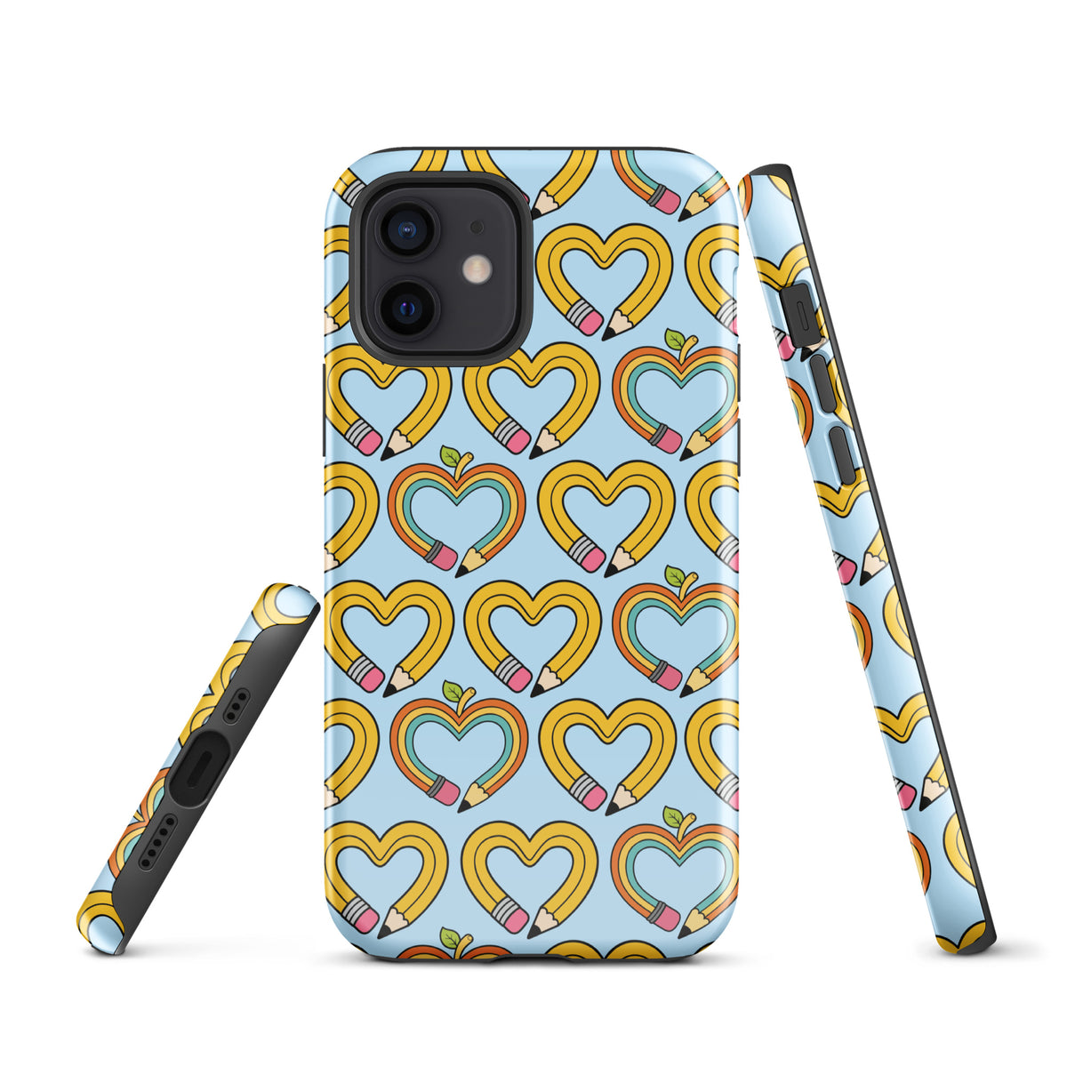 Phone Case with playful pencil-heart pattern, featuring whimsical design of pencil-shaped hearts and green leaves on iPhone case.