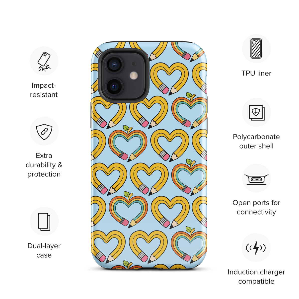 Phone Case for iPhone with playful pencil-heart pattern and growth leaves, symbolizing creativity and curiosity.