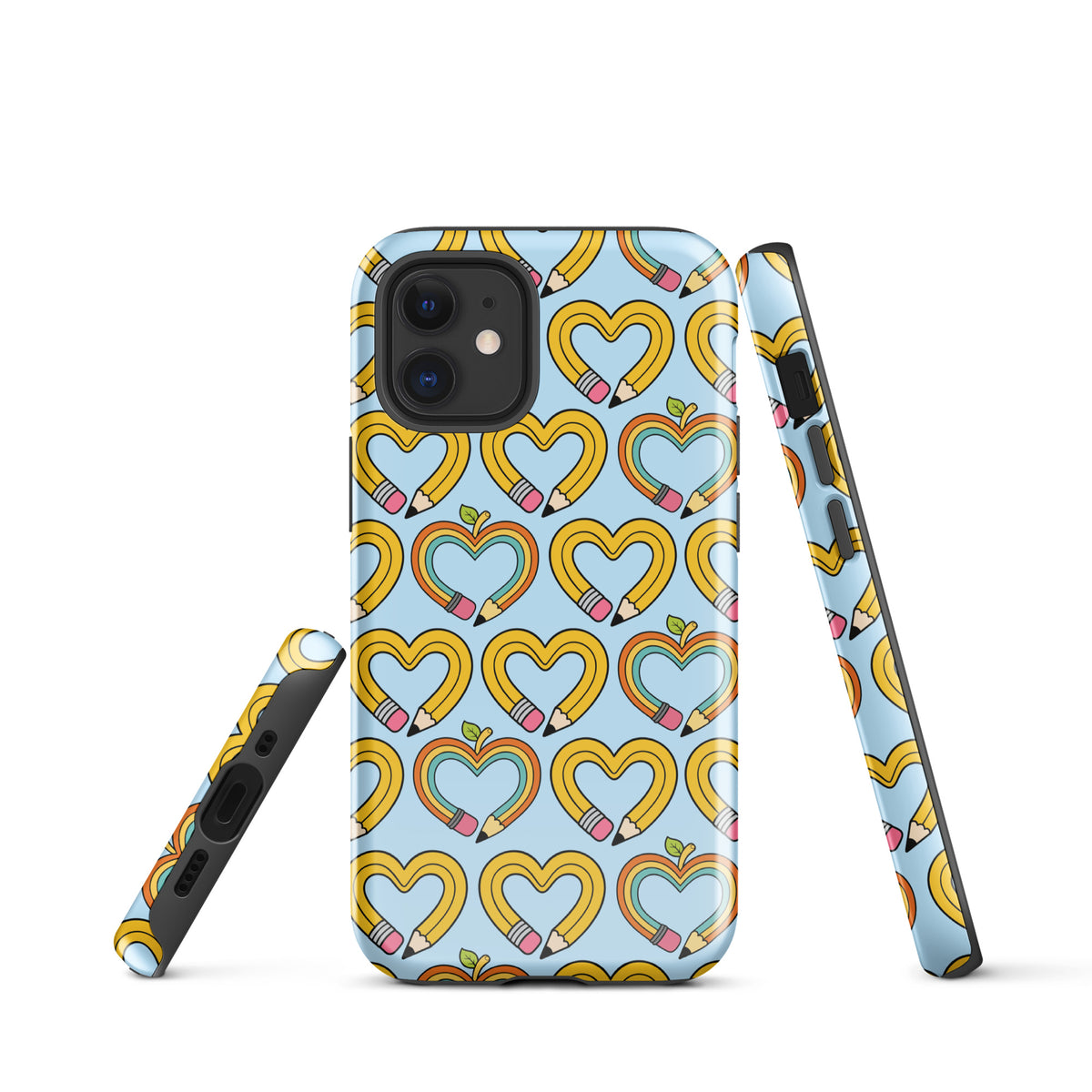 Phone Case with playful pencil-heart pattern design, featuring pencil-shaped hearts and green leaves for iPhone.