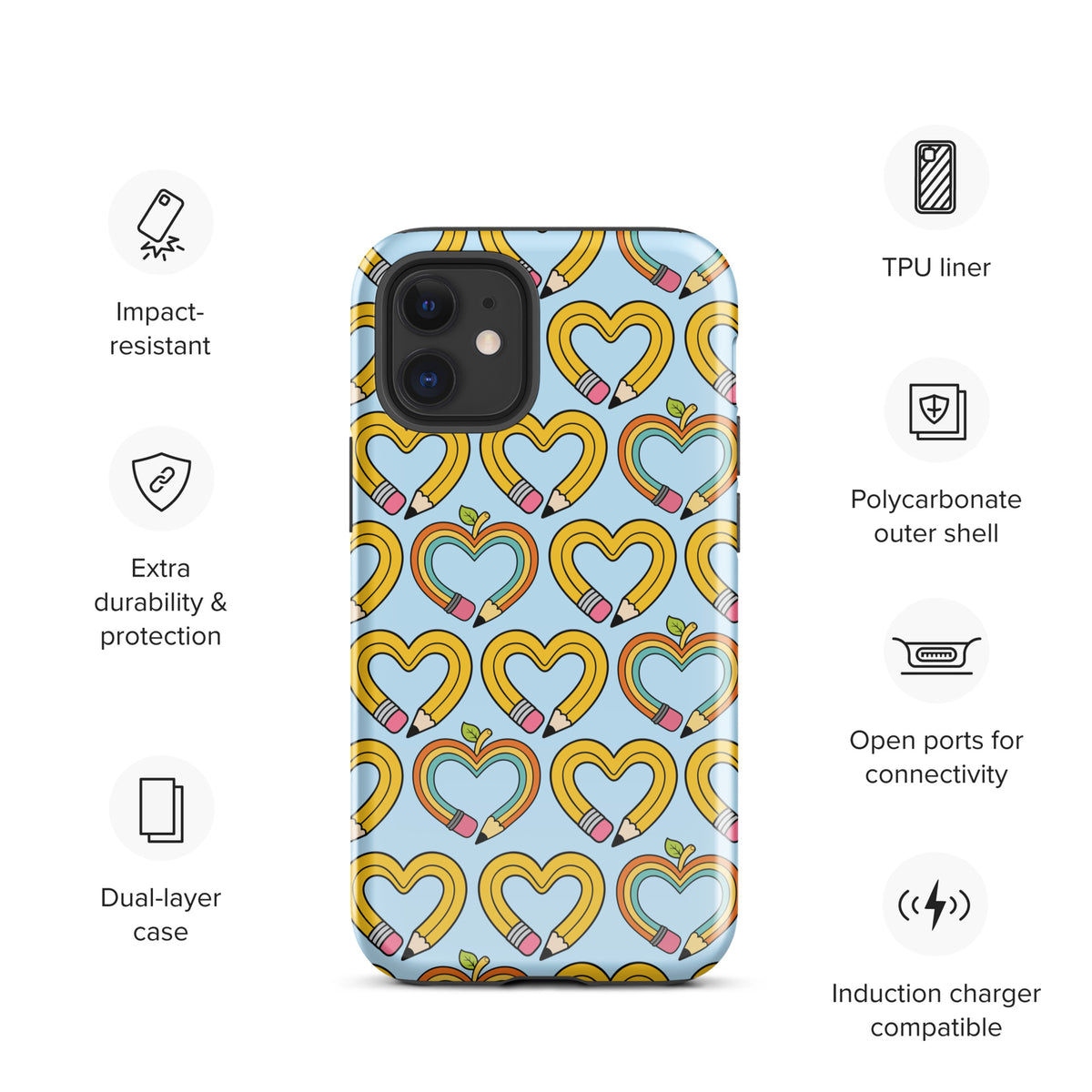 Phone Case with playful pencil-heart pattern, dual-layer protection, impact-resistant and induction charger compatible design.