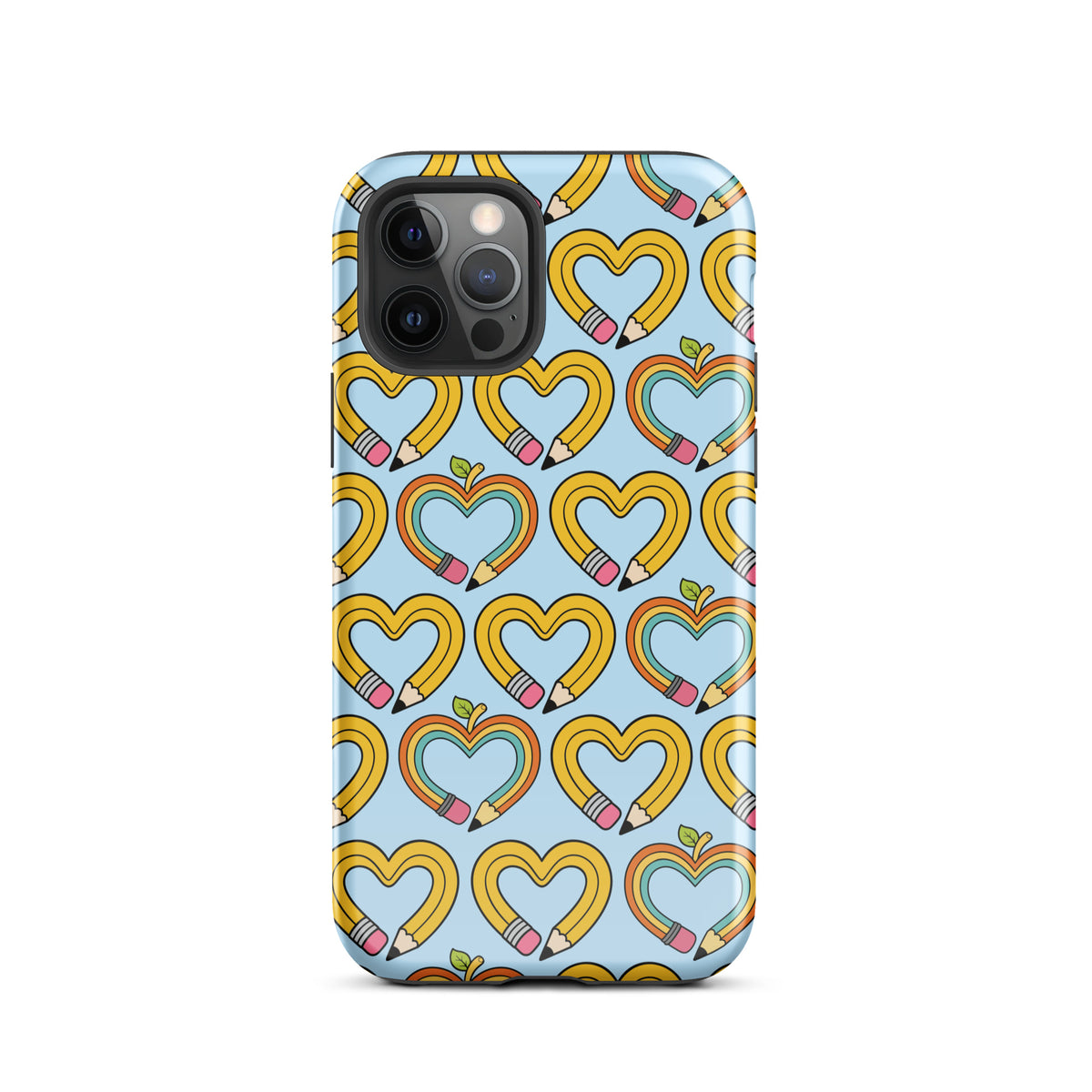 iPhone Phone Case with playful pencil-heart pattern featuring yellow hearts and green leaves on a whimsical design.