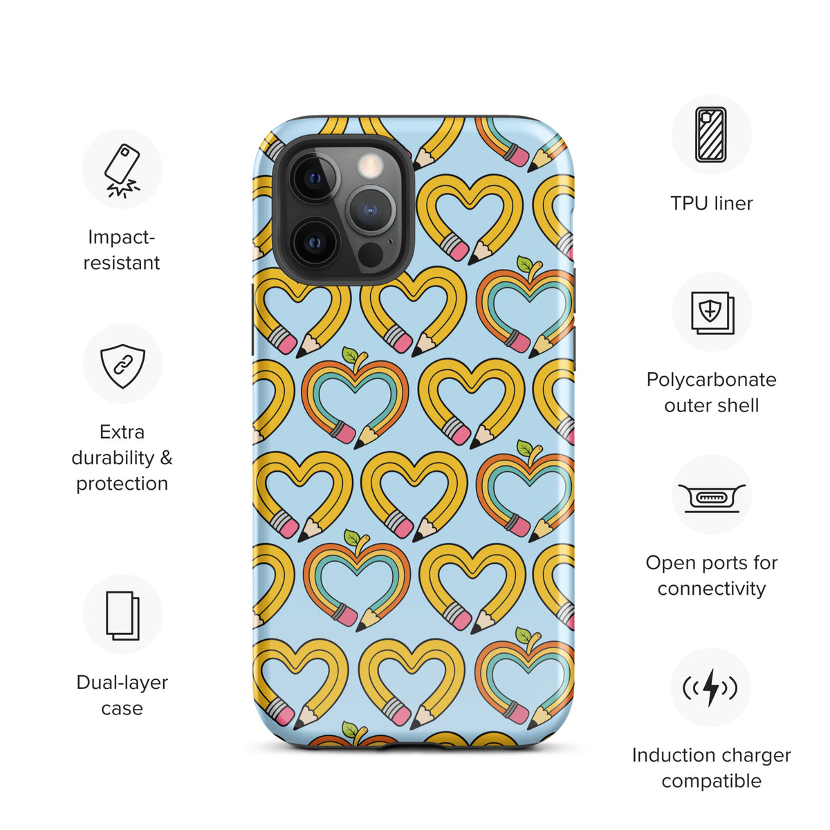Phone Case with playful pencil-heart pattern, featuring durable TPU liner and polycarbonate shell. Compatible with induction chargers.