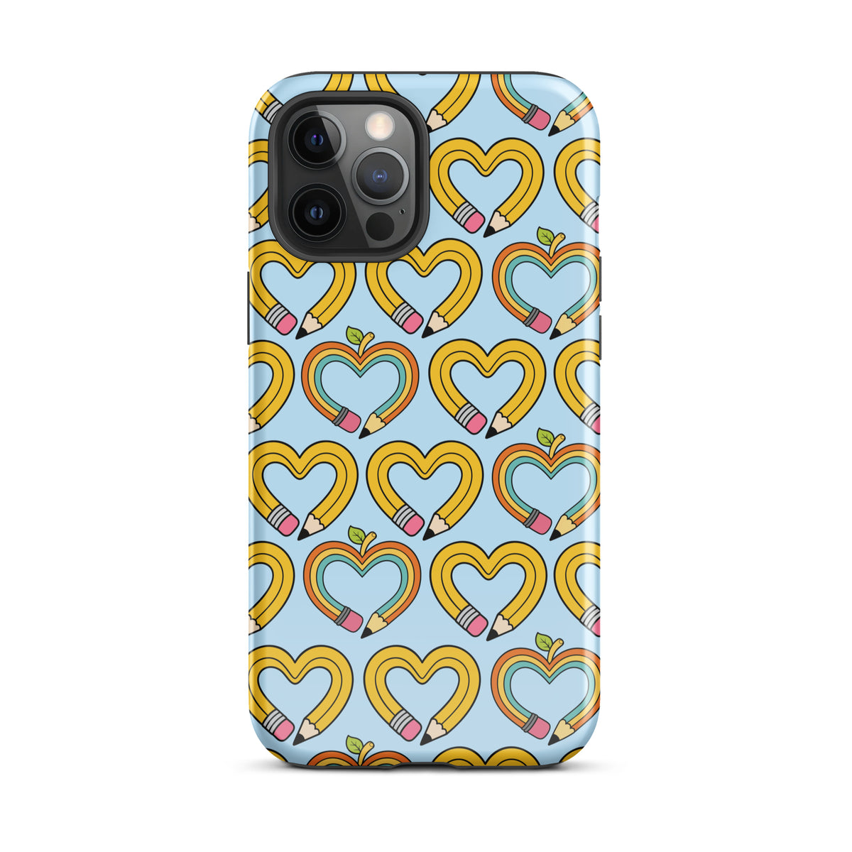Phone Case with playful pencil-heart pattern, featuring whimsical pencil-shaped hearts with green leaves on a school-themed design.