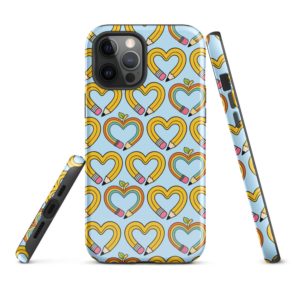 Phone Case with playful pencil-heart pattern on iPhone, featuring hearts with leaves symbolizing growth and creativity, back-to-school charm.