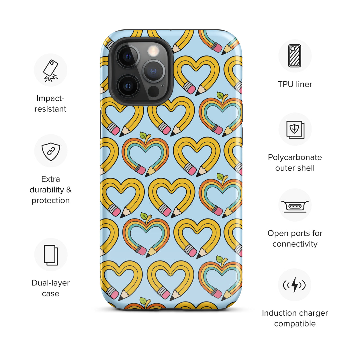 Phone Case of iPhone with playful pencil-heart pattern featuring leaves symbolizing creativity and growth, perfect for school.