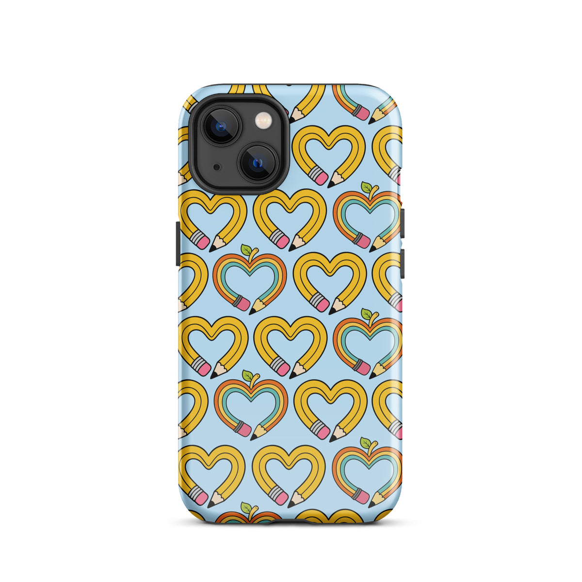 Phone Case with playful pencil-heart pattern and green leaves.