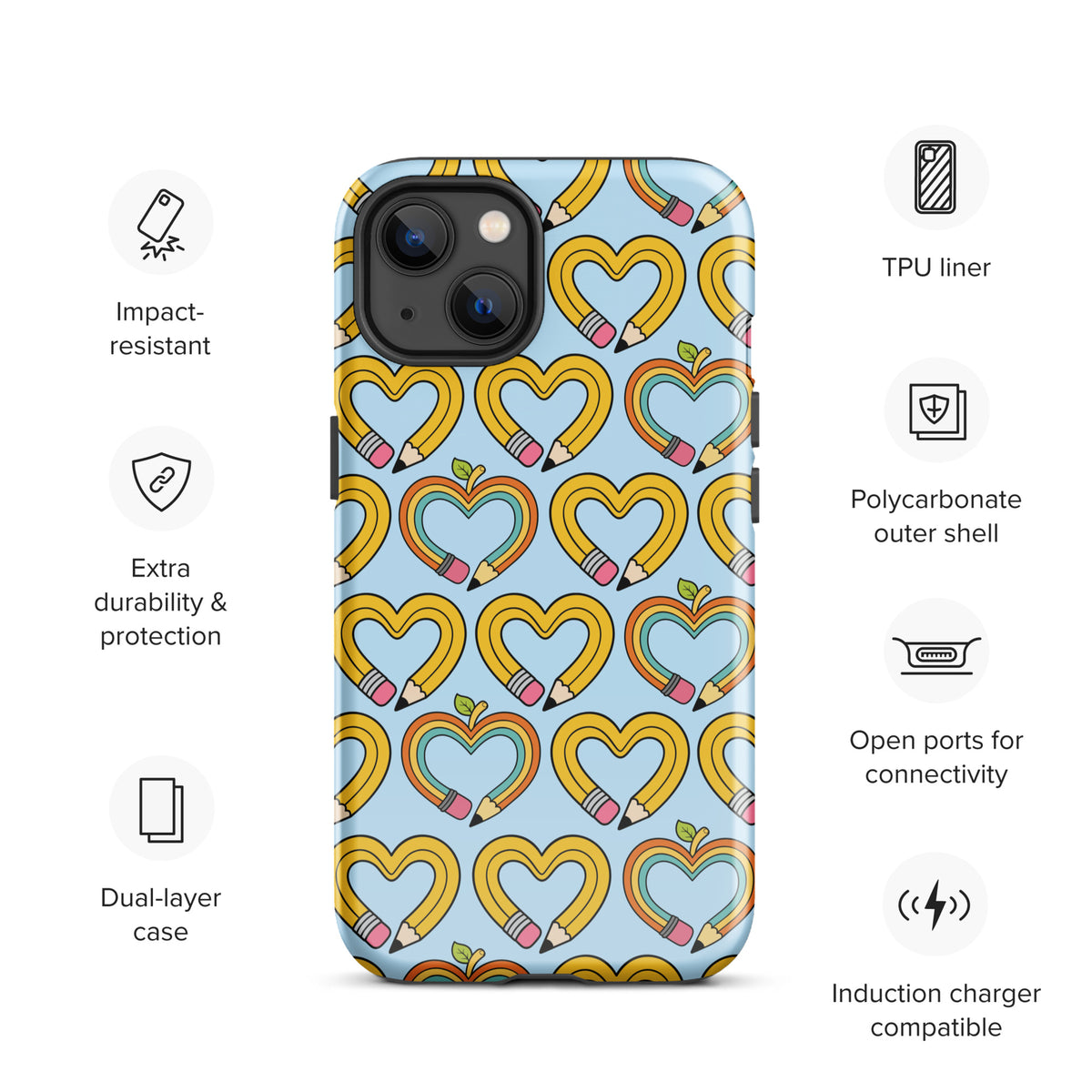 Phone Case with playful pencil-heart pattern featuring growth-inspired design, impact-resistant, extra durability, dual-layer protection.
