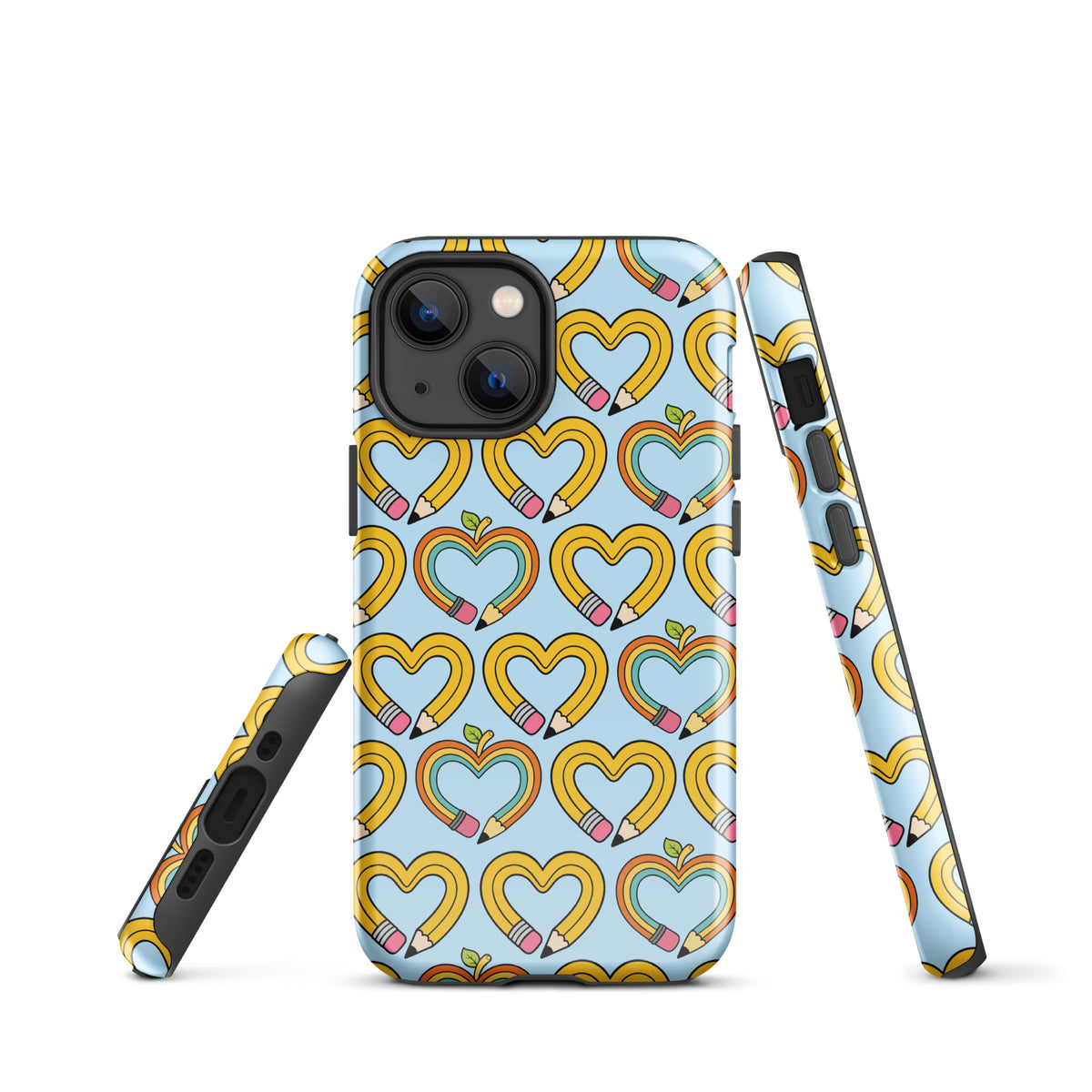 Phone Case with playful pencil-heart pattern design for iPhone, featuring whimsical hearts and green leaves, symbolizing creativity and growth.