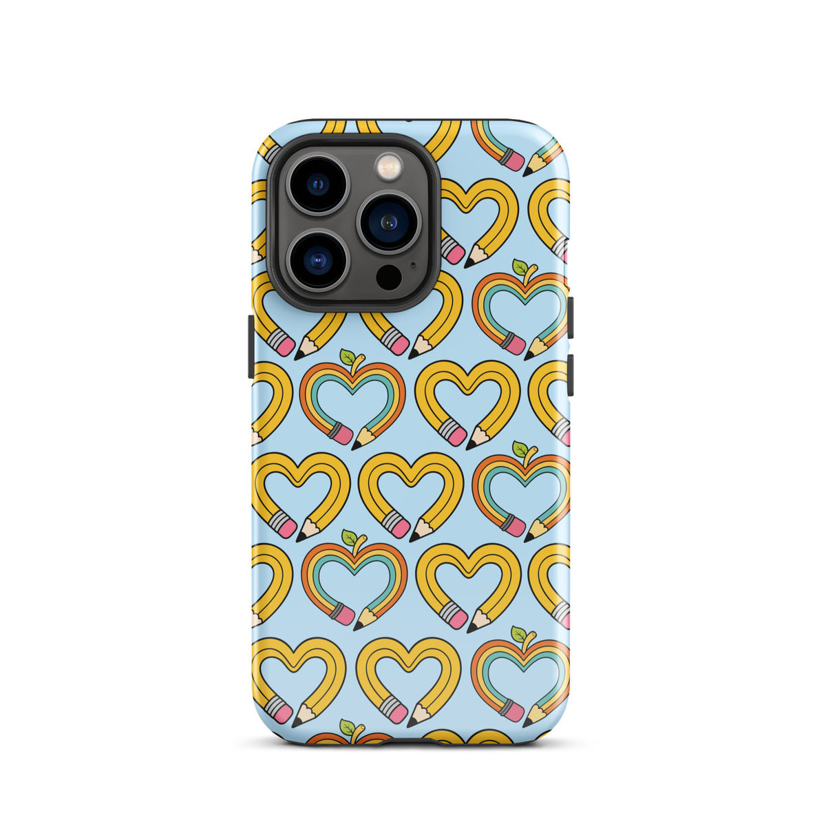 Phone Case with playful pencil-heart pattern featuring yellow pencil-shaped hearts and green leaves on a blue background.
