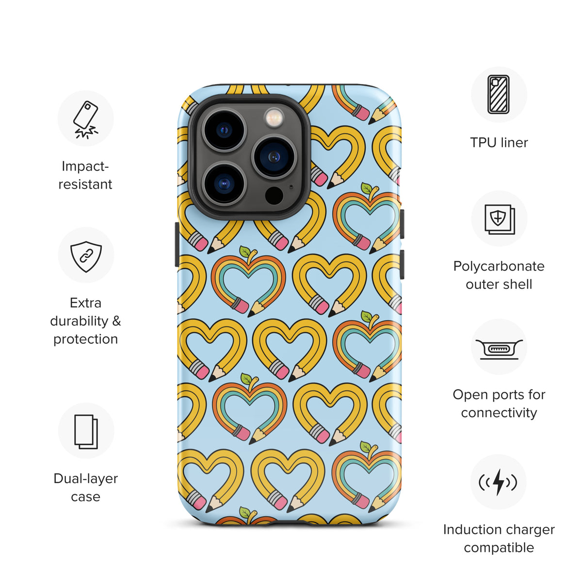 Phone Case with playful pencil-heart pattern, featuring impact-resistant dual-layer design, for iPhone.
