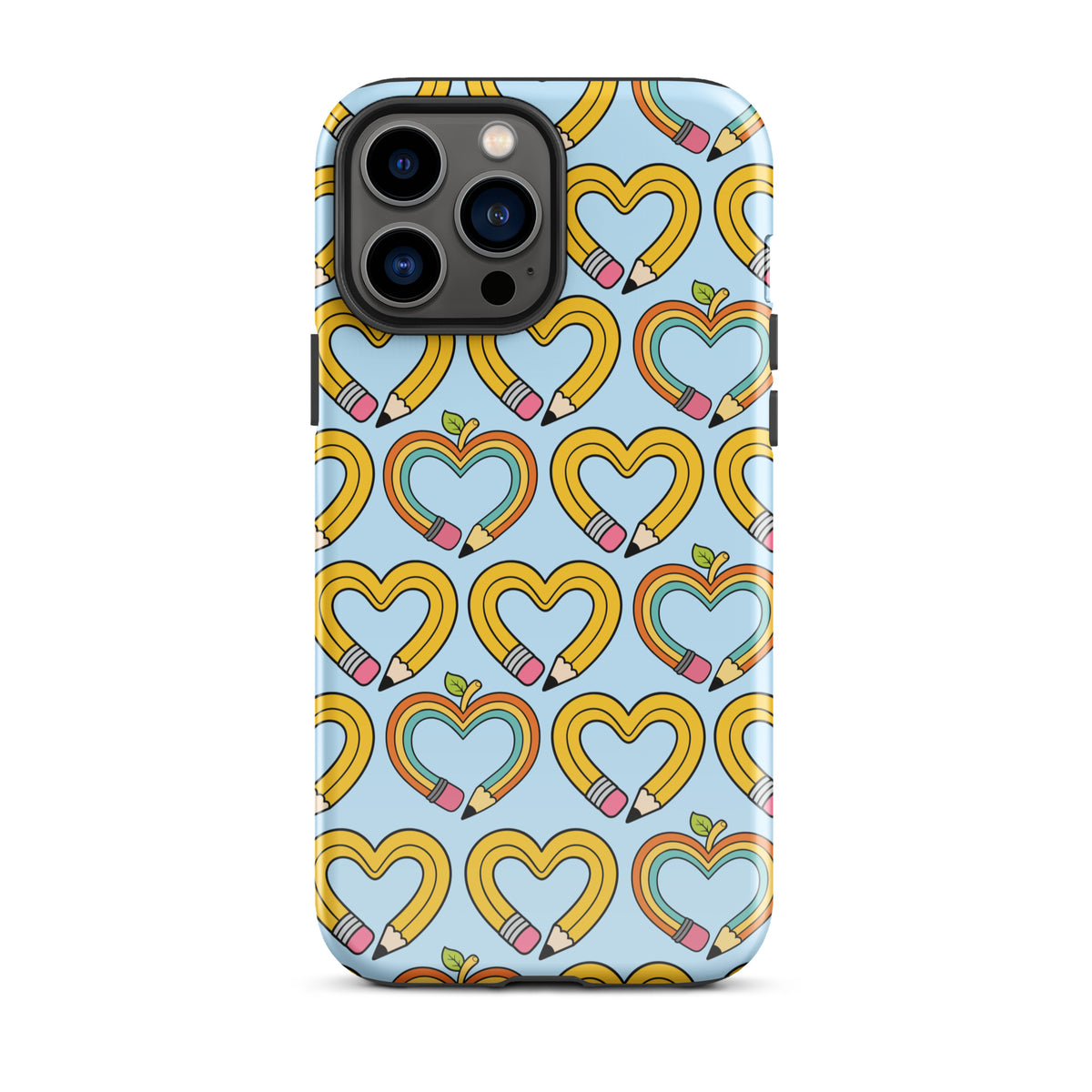 Phone Case for iPhone with playful pencil-heart pattern, featuring colorful hearts and green leaves on a blue background.