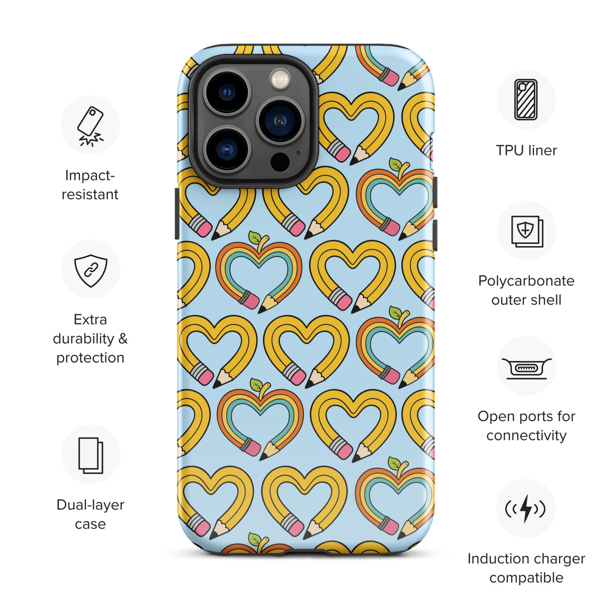 Phone Case with playful pencil-heart pattern and green leaves, symbolizing creativity and growth, ideal for back-to-school charm.