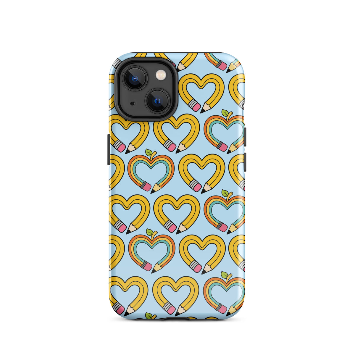 Phone Case with playful pencil-heart pattern and leaves design, symbolizing growth and creativity for iPhone.