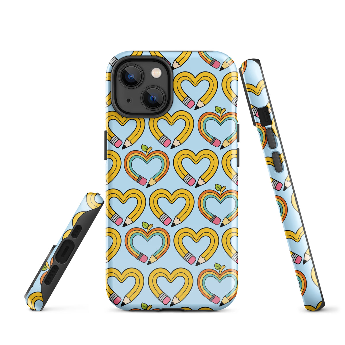 Phone Case with pencil-heart pattern and green leaves, symbolizing creativity and growth, perfect for back-to-school vibes.