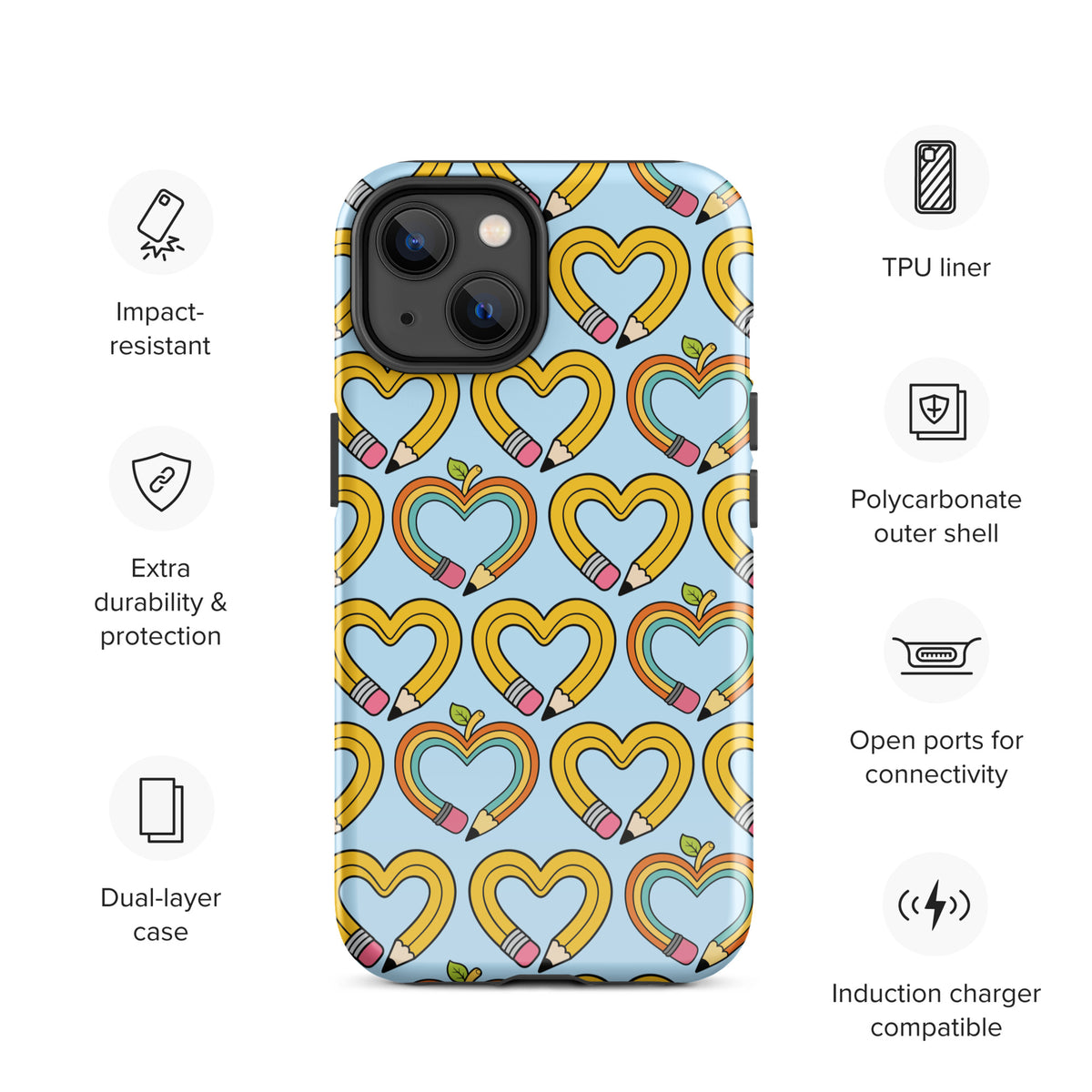 Phone Case with playful pencil-heart pattern, featuring pencil-shaped hearts with green leaves. Durable and impact-resistant design.